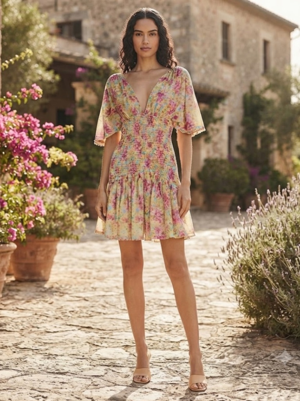 BYTIMO: Floral Smocked Chiffon Dress In Summer Flowers (NWT)
